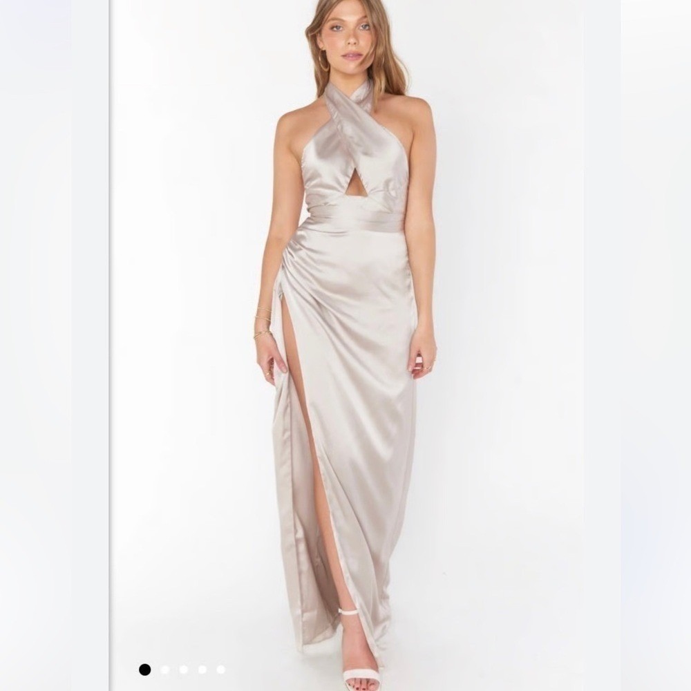 Show Me Your Mumu Adele Champagne Satin Halter Maxi Dress L Open Back Elegant